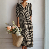 Sterre™ | Boho Jurk Zwart-Ecru met Golfpatroon