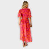 Katty – Midi-jurk met V-hals, bloemenpatroon en pofmouwen