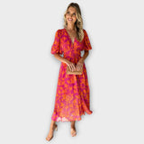 Katty – Midi-jurk met V-hals, bloemenpatroon en pofmouwen