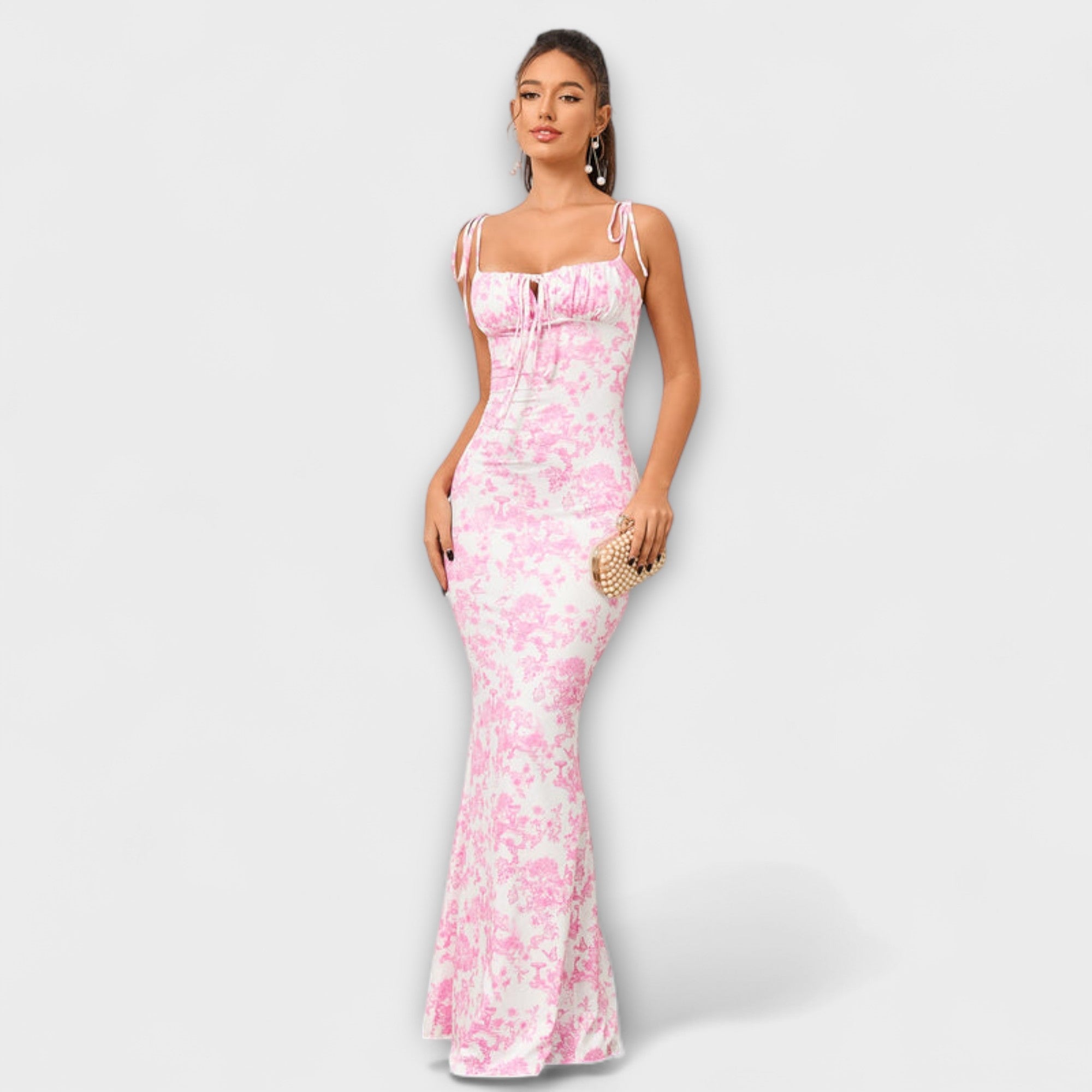 Thalia - Bloemenprint Prom Jurk met Geknoopte Schouderbanden