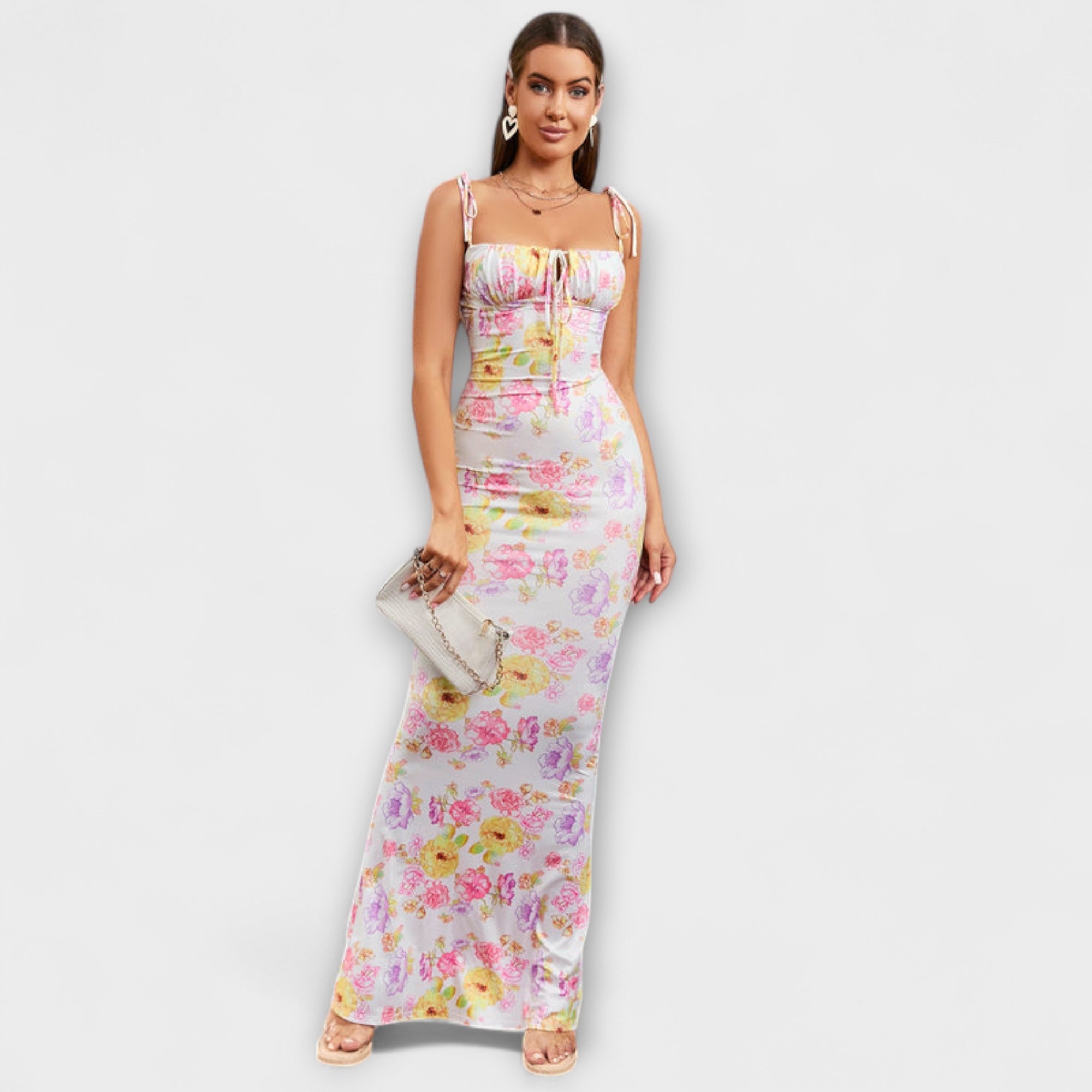 Thalia - Bloemenprint Prom Jurk met Geknoopte Schouderbanden