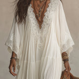 Samara™ | Lange Witte Chiffon Jurk met Kantdetail