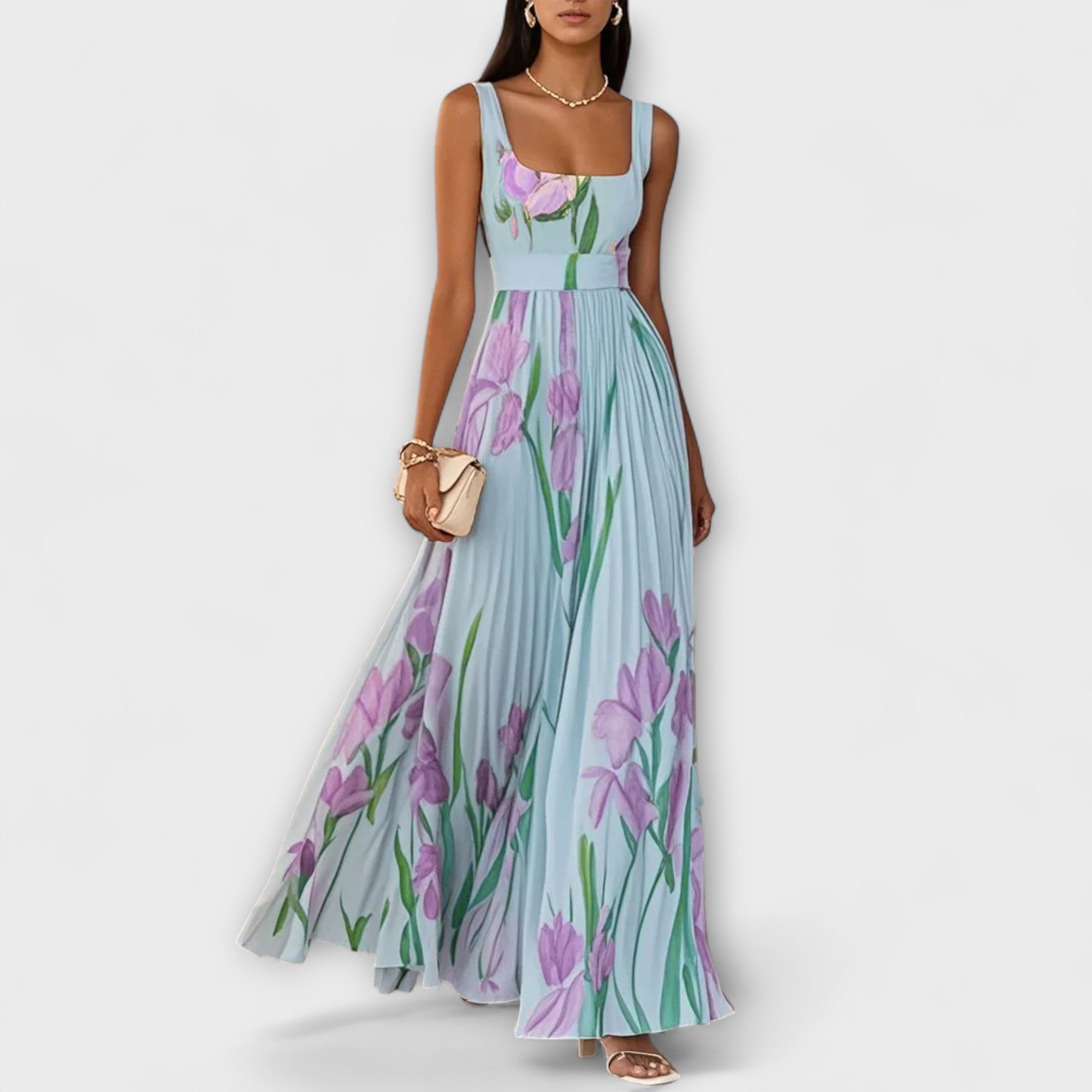 Maaike | Geplooide Bloemen Chiffon Maxi Jurk met Tailleband
