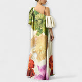 Skylar - Maxikleed met bloemenprint, schuin decolleté en puffmouwen