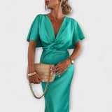 Sable - Solide Satijnen V-Hals Knoop Slim Fit Maxi Jurk