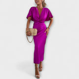 Sable - Solide Satijnen V-Hals Knoop Slim Fit Maxi Jurk