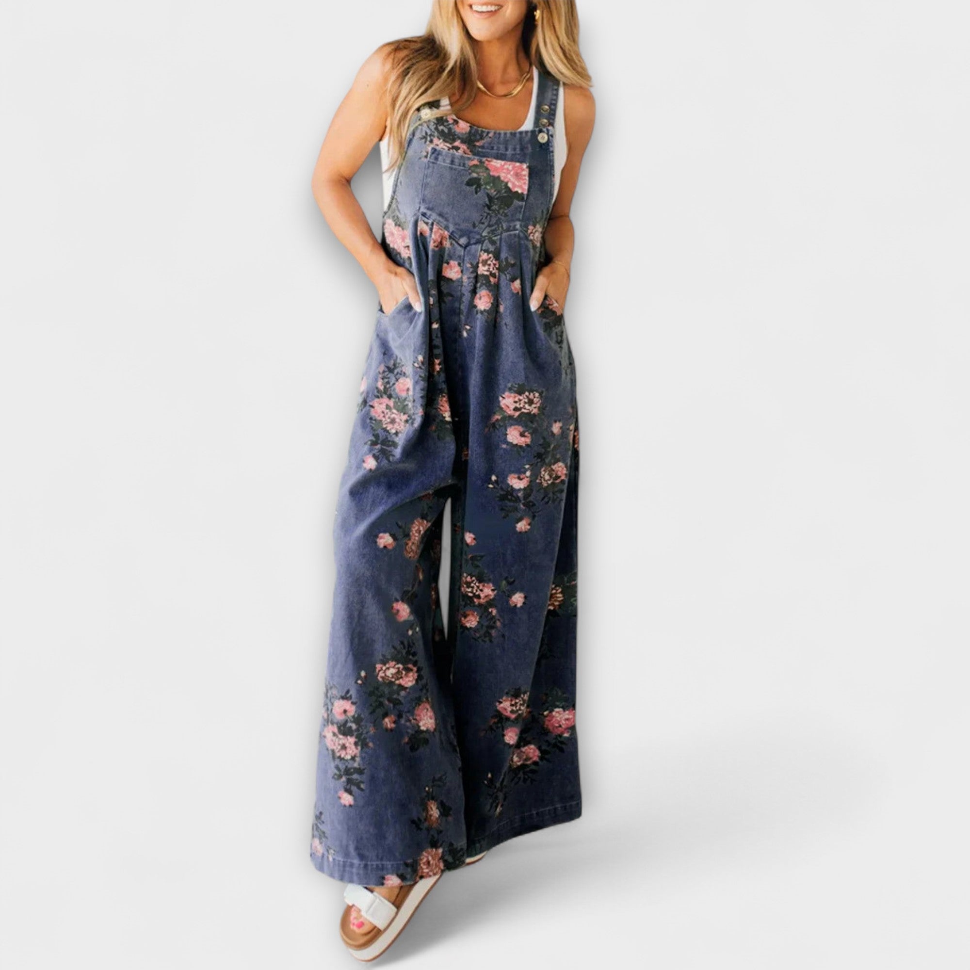 Bethany - Bloemenpatroon Wijde Denim Dungaree