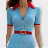 Sina - Chic Babyblauw Ribbels Bleistiftjurk
