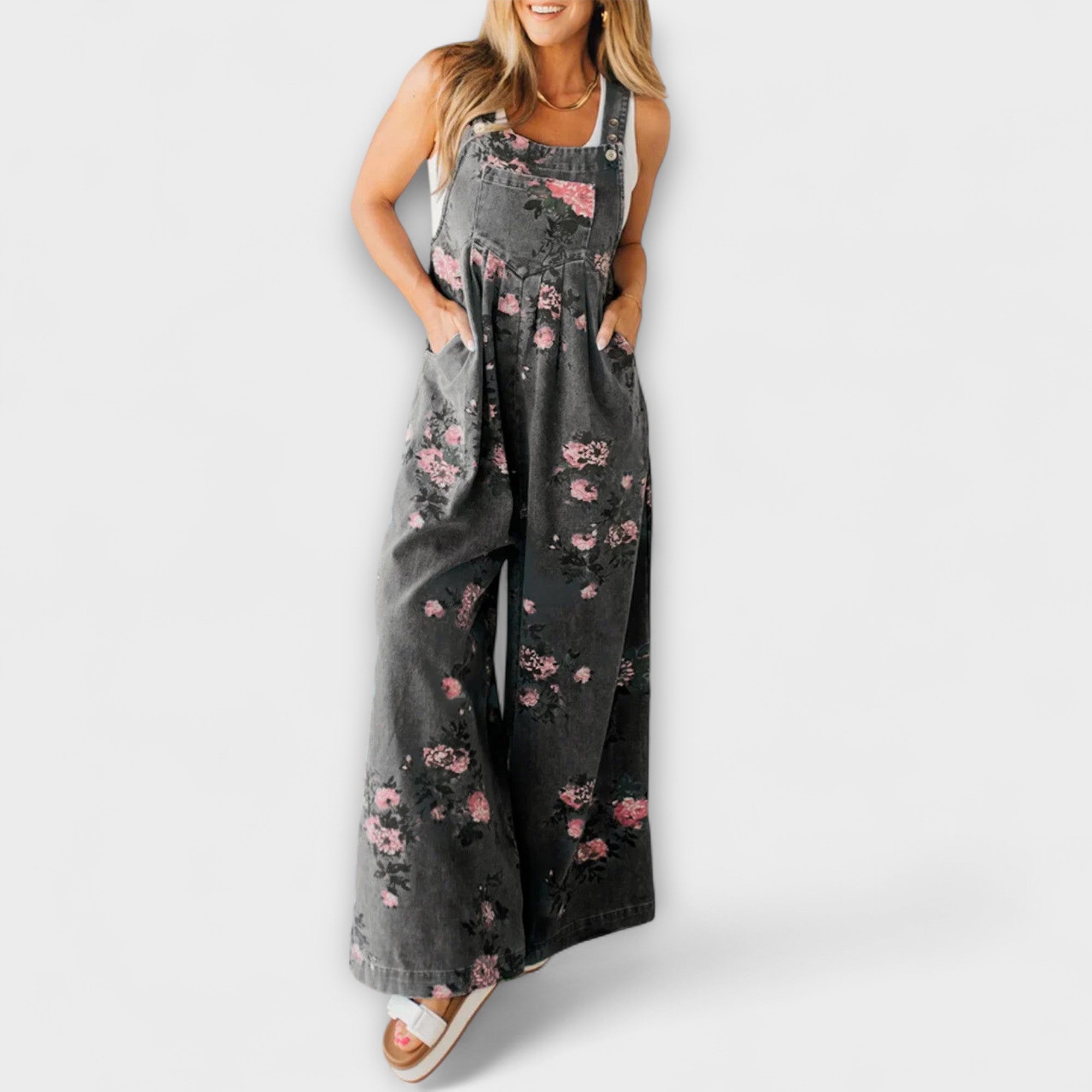 Bethany - Bloemenpatroon Wijde Denim Dungaree