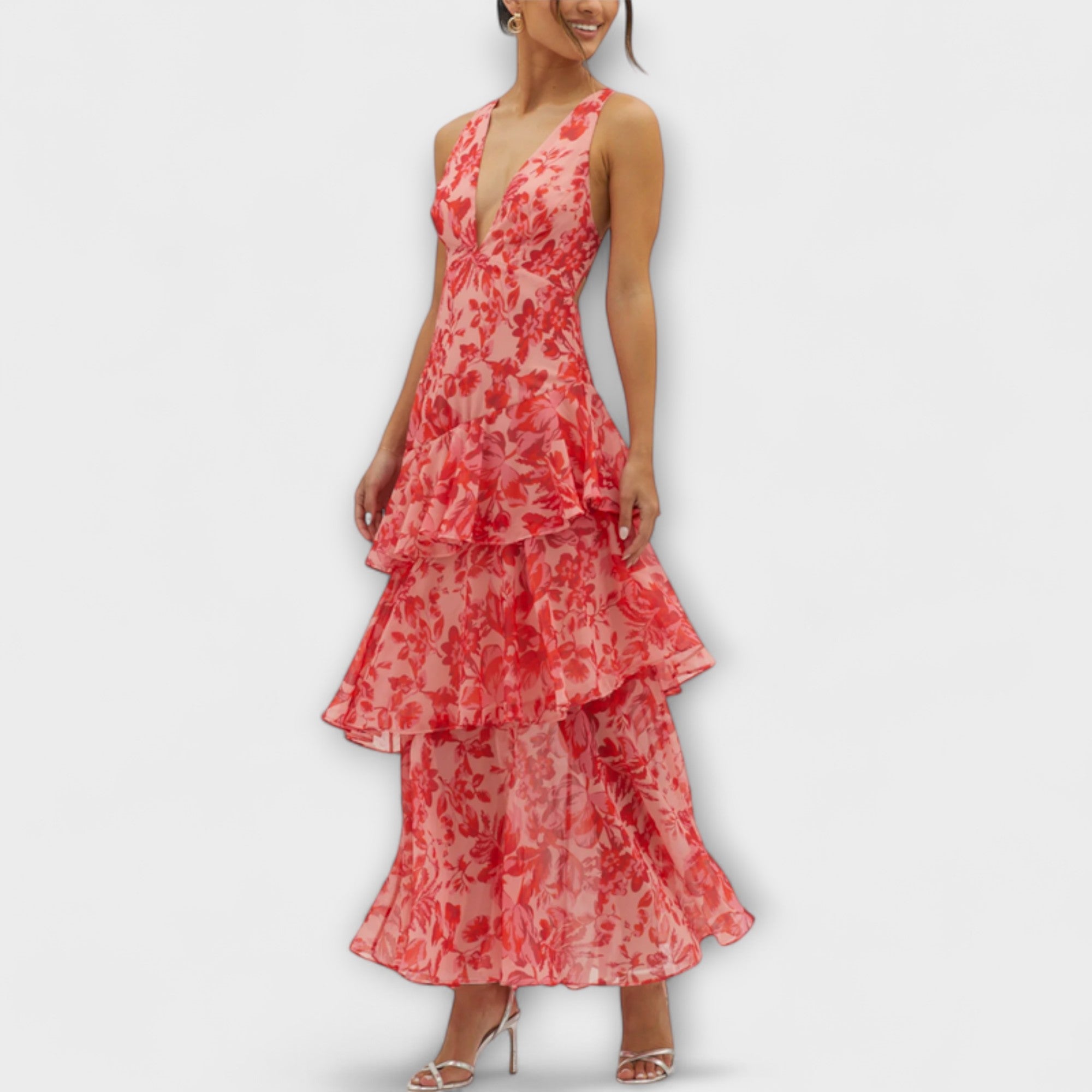 Domenica - Chiffonjurk met V-hals en vloeiende lagen
