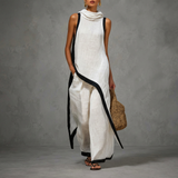 Daniela™ | Elegante Linnen Set met Wijde Broek en Contrastdetails